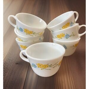 Vintage Pyrex Coffee Cup Tea Yellow Blue Flowers Butterfly Flirtation USA LOT 7